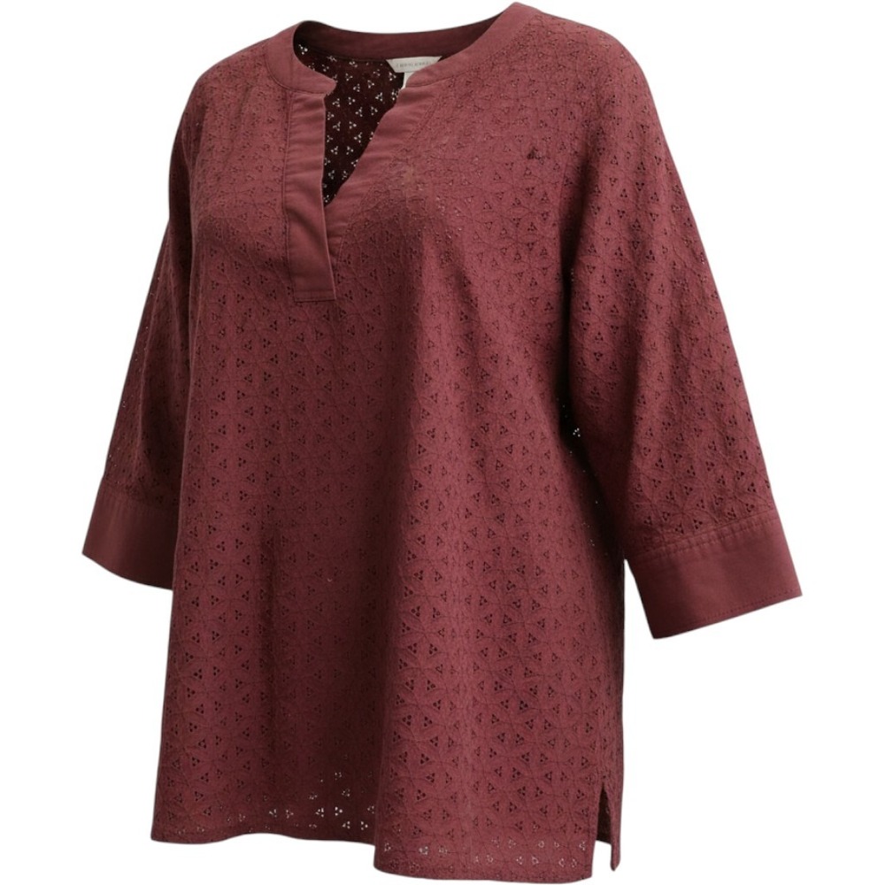 Lands End Womens 18W Burgundy Cotton Eyelet V-Neck 3/4 Sleeve Blouse Top
